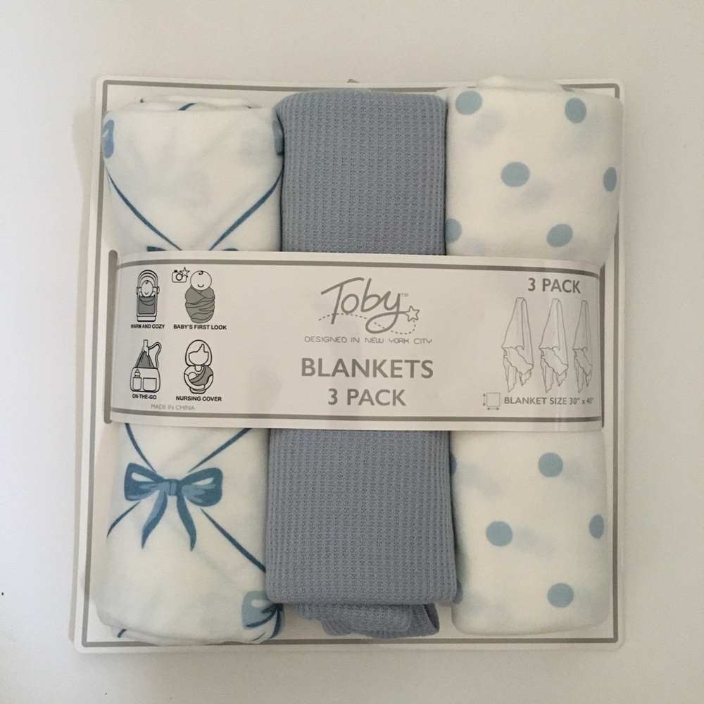 NEW 3 Baby Blankets Multi-use Set Blue Bows Solid Polka Dots Baby Gift | Toby